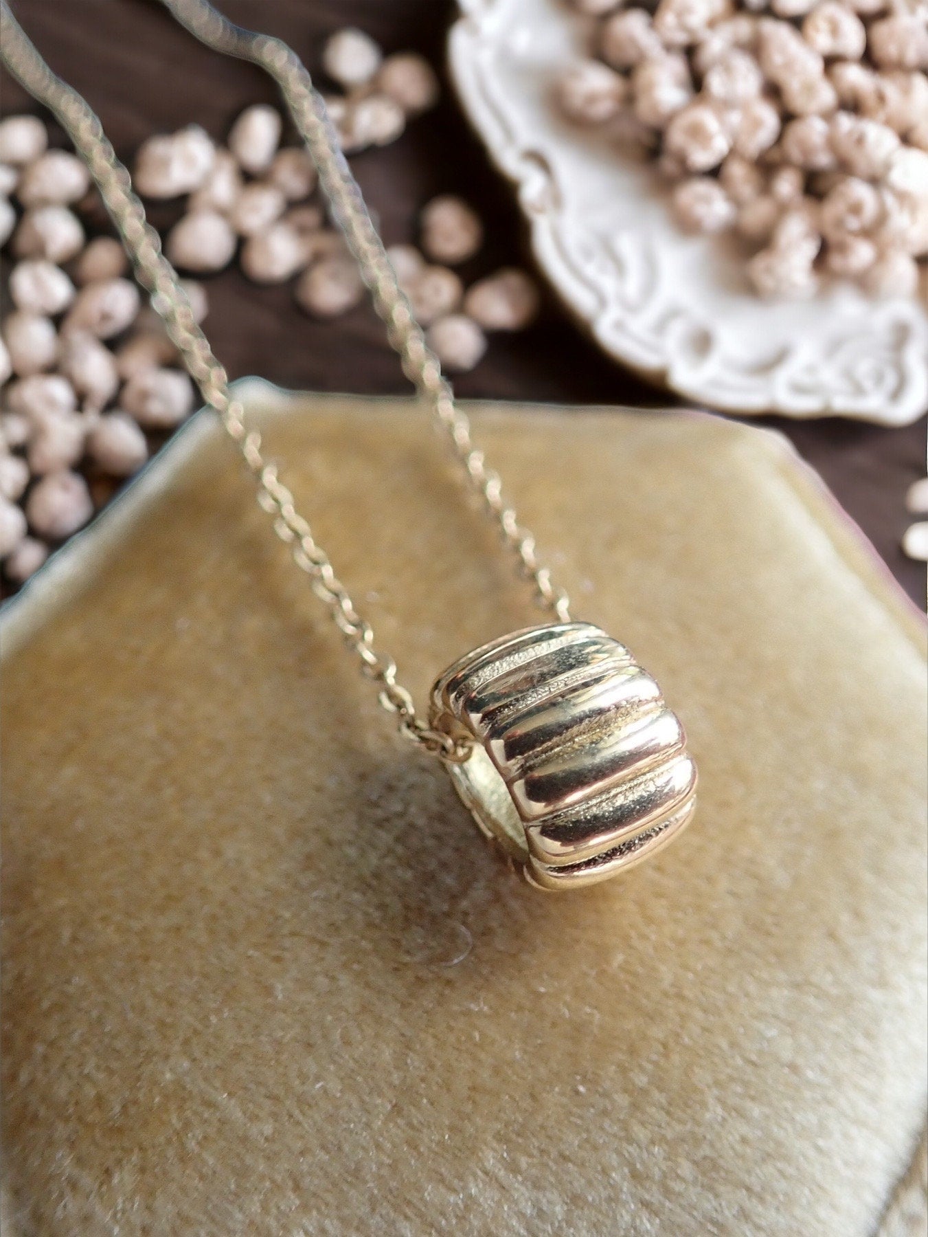 Waterproof Gold Bead Necklace,  Ridged Tube Pendant on No Tarnish 18k Gold Chain,  Minimalist Fidget Necklace, Everyday Jewelry