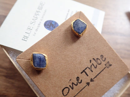 Raw Sapphire Stud Earrings | 24K Gold Vermeil Handmade Bezel | Hypoallergenic Natural Gemstone Jewelry