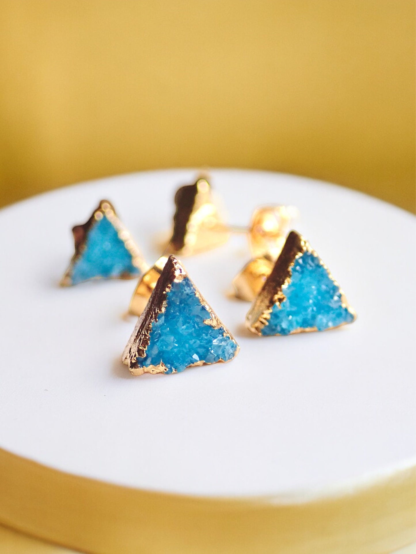 Druzy Stud Earrings, Teal Crystal Stud Earrings, Triangle Stud Earrings