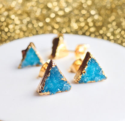 Druzy Stud Earrings, Teal Crystal Stud Earrings, Triangle Stud Earrings
