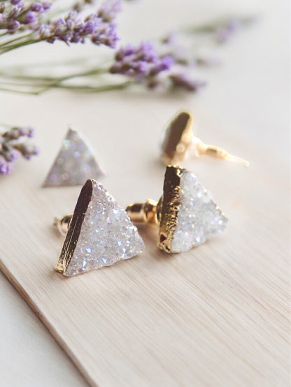Druzy Stud Earrings, Lavender Druzy Post Earrings,Small Triangle Earrings