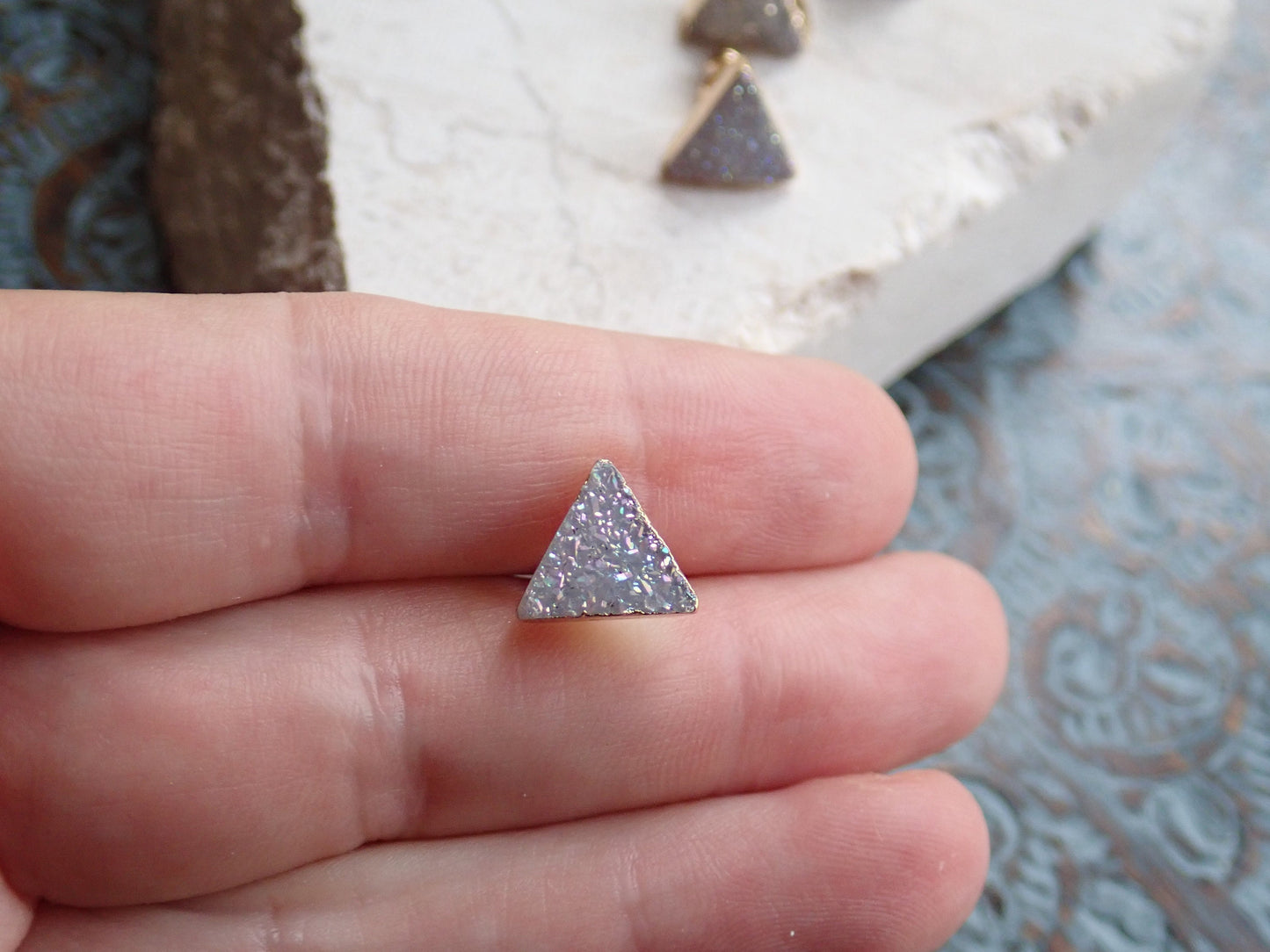 Druzy Stud Earrings, Lavender Druzy Post Earrings,Small Triangle Earrings