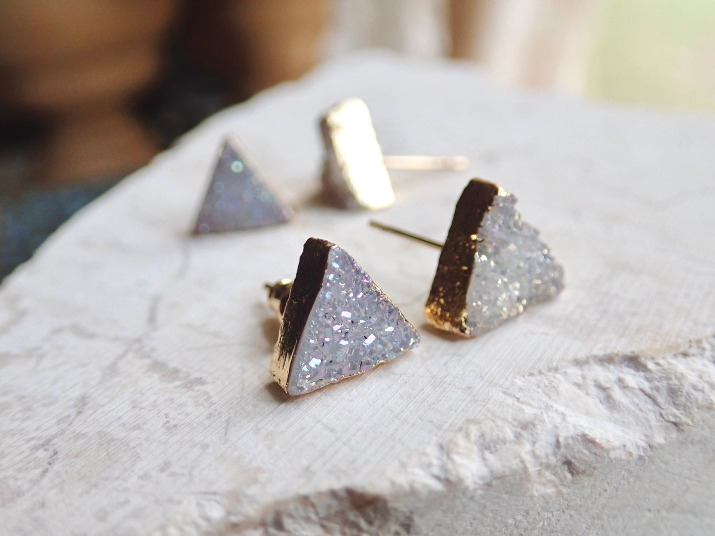 Druzy Stud Earrings, Lavender Druzy Post Earrings,Small Triangle Earrings