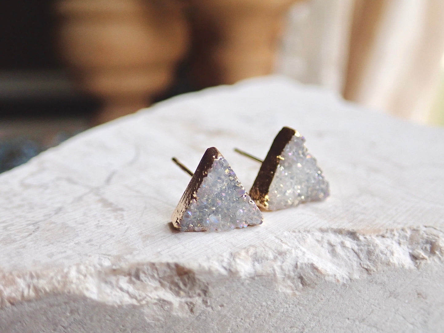 Druzy Stud Earrings, Lavender Druzy Post Earrings,Small Triangle Earrings