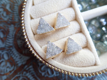 Natural Triangle Druzy Studs – White/Gray Crystal with 14k Gold Electroplate