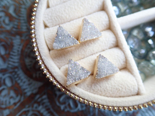 Natural Triangle Druzy Studs – White/Gray Crystal with 14k Gold Electroplate