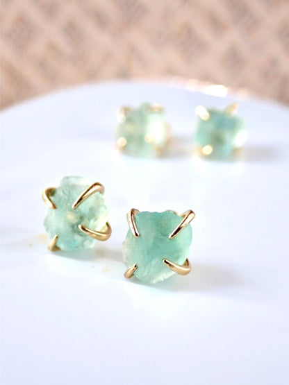 Raw Fluorite Stud Earrings – 14k Gold Plated Prong Set | Natural Crystal Earrings for Women