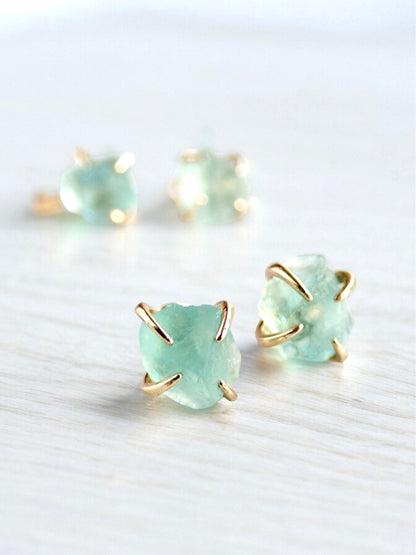 Raw Fluorite Stud Earrings – 14k Gold Plated Prong Set | Natural Crystal Earrings for Women
