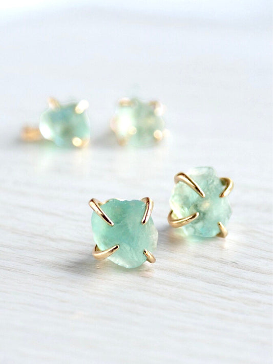 Raw Fluorite Stud Earrings – 14k Gold Plated Prong Set | Natural Crystal Earrings for Women