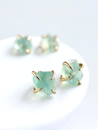 Raw Fluorite Stud Earrings – 14k Gold Plated Prong Set | Natural Crystal Earrings for Women
