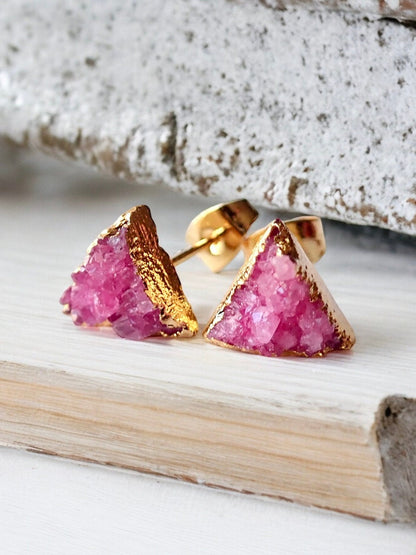 PinkTriangle Druzy Studs – Crystal Earrings with 14k Gold Electroplate