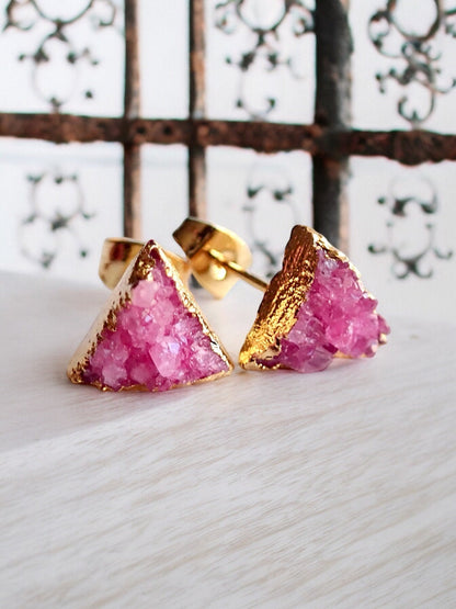 PinkTriangle Druzy Studs – Crystal Earrings with 14k Gold Electroplate