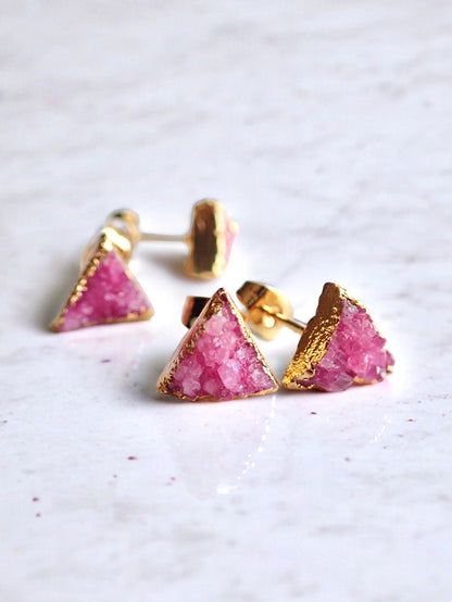 PinkTriangle Druzy Studs – Crystal Earrings with 14k Gold Electroplate