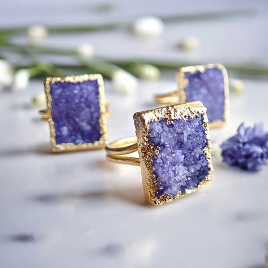 Rectangular Purple Druzy Statement Ring – Electroplated in 14k Gold, Bold & Unique Gemstone Jewelry