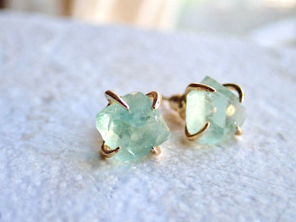 Raw Fluorite Stud Earrings – 14k Gold Plated Prong Set | Natural Crystal Earrings for Women