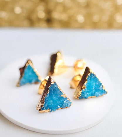 Druzy Stud Earrings, Teal Crystal Stud Earrings, Triangle Stud Earrings