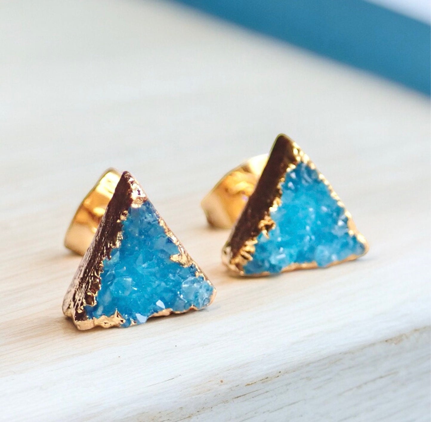 Druzy Stud Earrings, Teal Crystal Stud Earrings, Triangle Stud Earrings