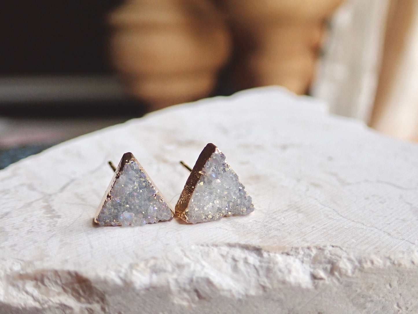 Druzy Stud Earrings, Lavender Druzy Post Earrings,Small Triangle Earrings