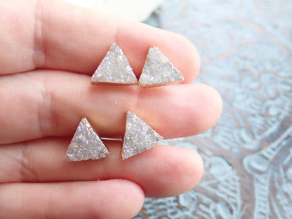 Natural Triangle Druzy Studs – White/Gray Crystal with 14k Gold Electroplate