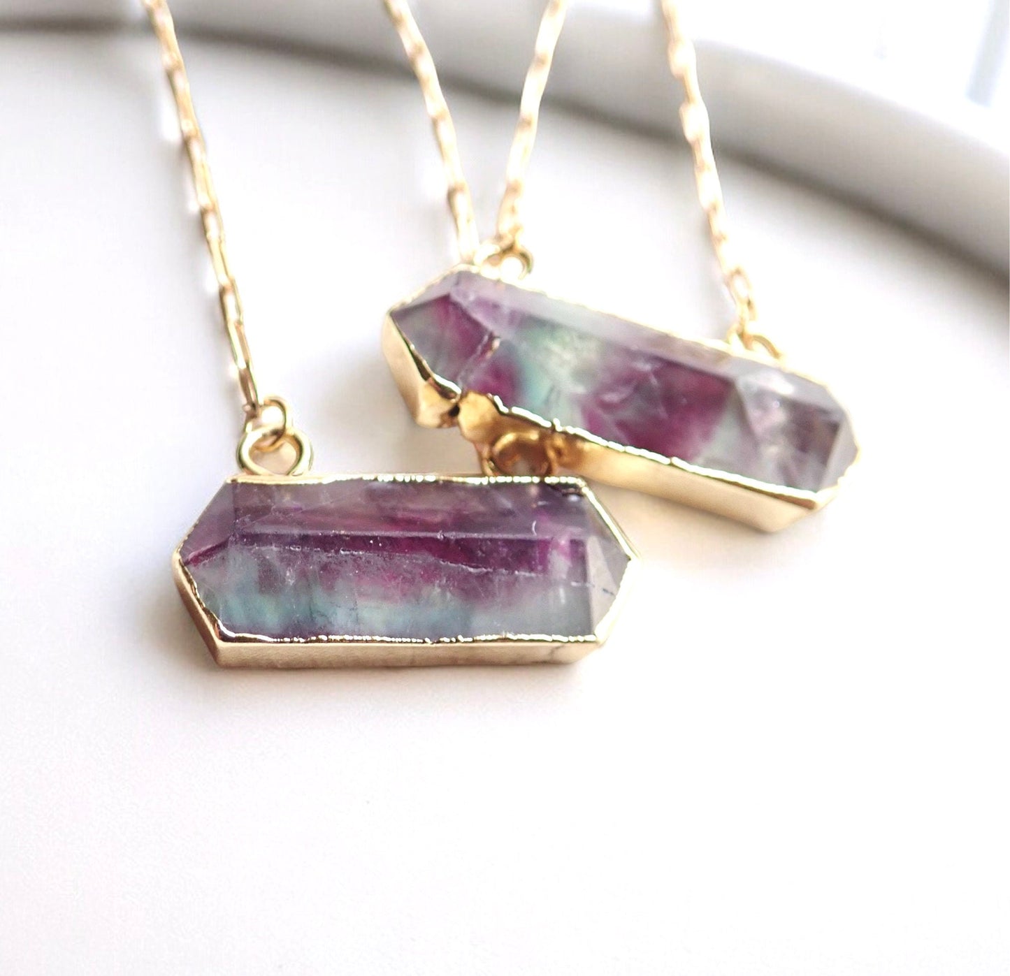 Rainbow Fluorite Necklace, Gemstone Bar Necklace, Fluorite Jewelry,  Gold Fill Paperclip Chain Crystal Necklace,  Raw Fluorite Pendant