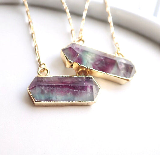Rainbow Fluorite Gemstone Bar Necklace - 18k Gold Fill Paperclip Chain Crystal Necklace