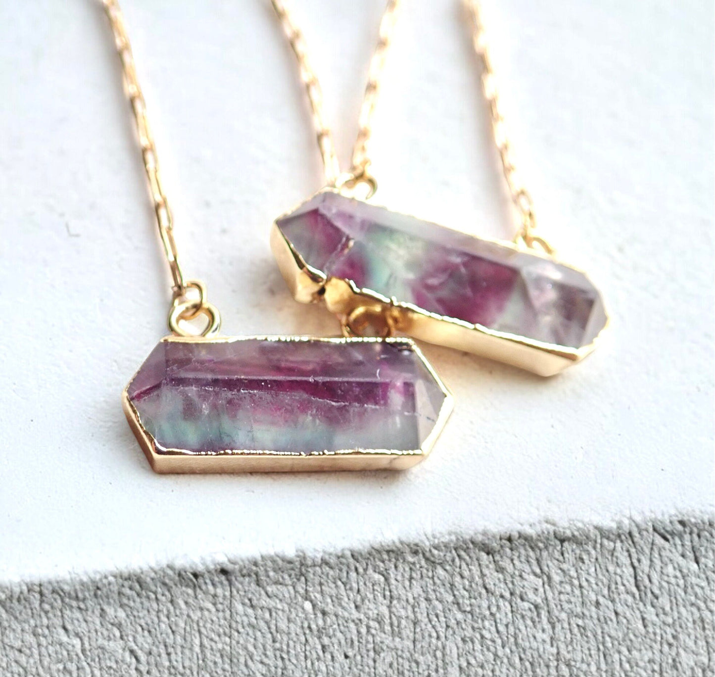 Rainbow Fluorite Necklace, Gemstone Bar Necklace, Fluorite Jewelry,  Gold Fill Paperclip Chain Crystal Necklace,  Raw Fluorite Pendant