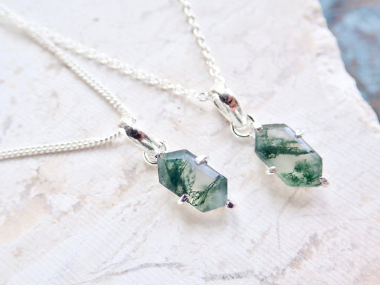 Moss Agate Necklace Silver Fill - Dainty Gemstone Necklace - Hexagon Crystal Pendant