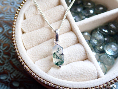 Moss Agate Necklace Silver Fill, Dainty Gemstone Necklace, Hexagon Crystal Pendant, Moss Agate Jewelry, Minimalist Layering, Gift for Her