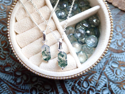 Moss Agate Necklace Silver Fill, Dainty Gemstone Necklace, Hexagon Crystal Pendant, Moss Agate Jewelry, Minimalist Layering, Gift for Her