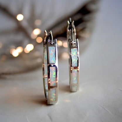 Opal Hoop Earrings, Gold Gemstone Hoops, October Birthstone Gift For Her
