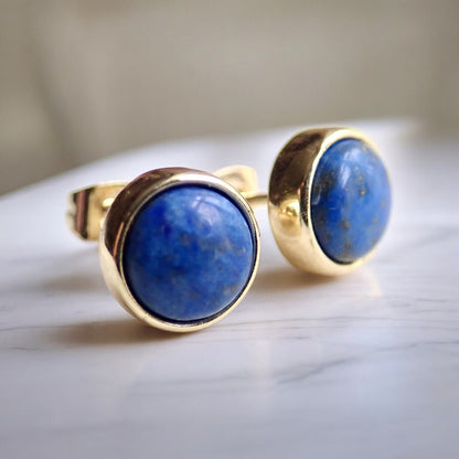 Deep Blue Lapis Stud Earrings – Classic 14k Gold Plated Bezel Design - September Birthstone
