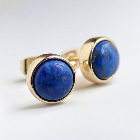 Deep Blue Lapis Stud Earrings – Classic 14k Gold Plated Bezel Design - September Birthstone