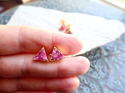 PinkTriangle Druzy Studs – Crystal Earrings with 14k Gold Electroplate