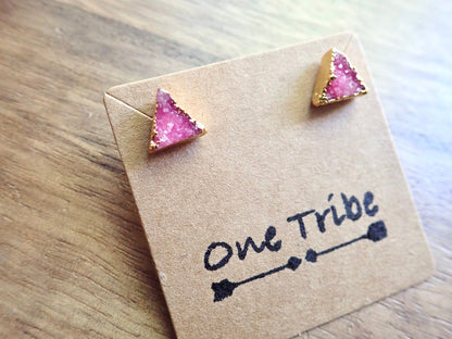 PinkTriangle Druzy Studs – Crystal Earrings with 14k Gold Electroplate