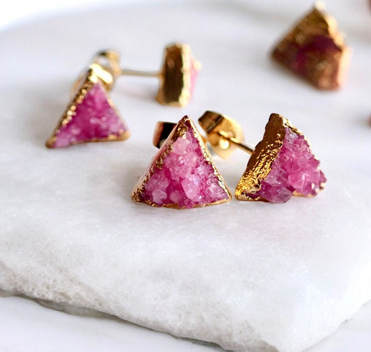 PinkTriangle Druzy Studs – Crystal Earrings with 14k Gold Electroplate