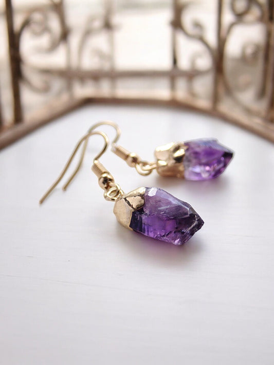 Raw Amethyst Crystal Drop Earrings – Electroplated in 14k Gold or Silver | Unique Brazilian Amethyst