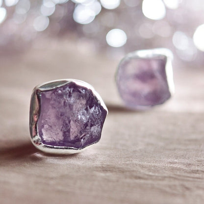 Raw Amethyst Gemstone Earrings – 14k Gold or Sterling Silver Stud Setting - February Birthstone Gift