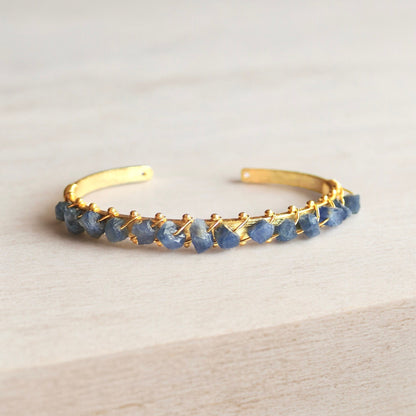 Gold Plated Bangle Bracelet with Raw Sapphires – Wire Wrapped Gemstone Cuff for Women