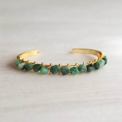 Raw Emerald Cuff Bracelet – 14k Gold Plated with Wire-Wrapped Gemstones