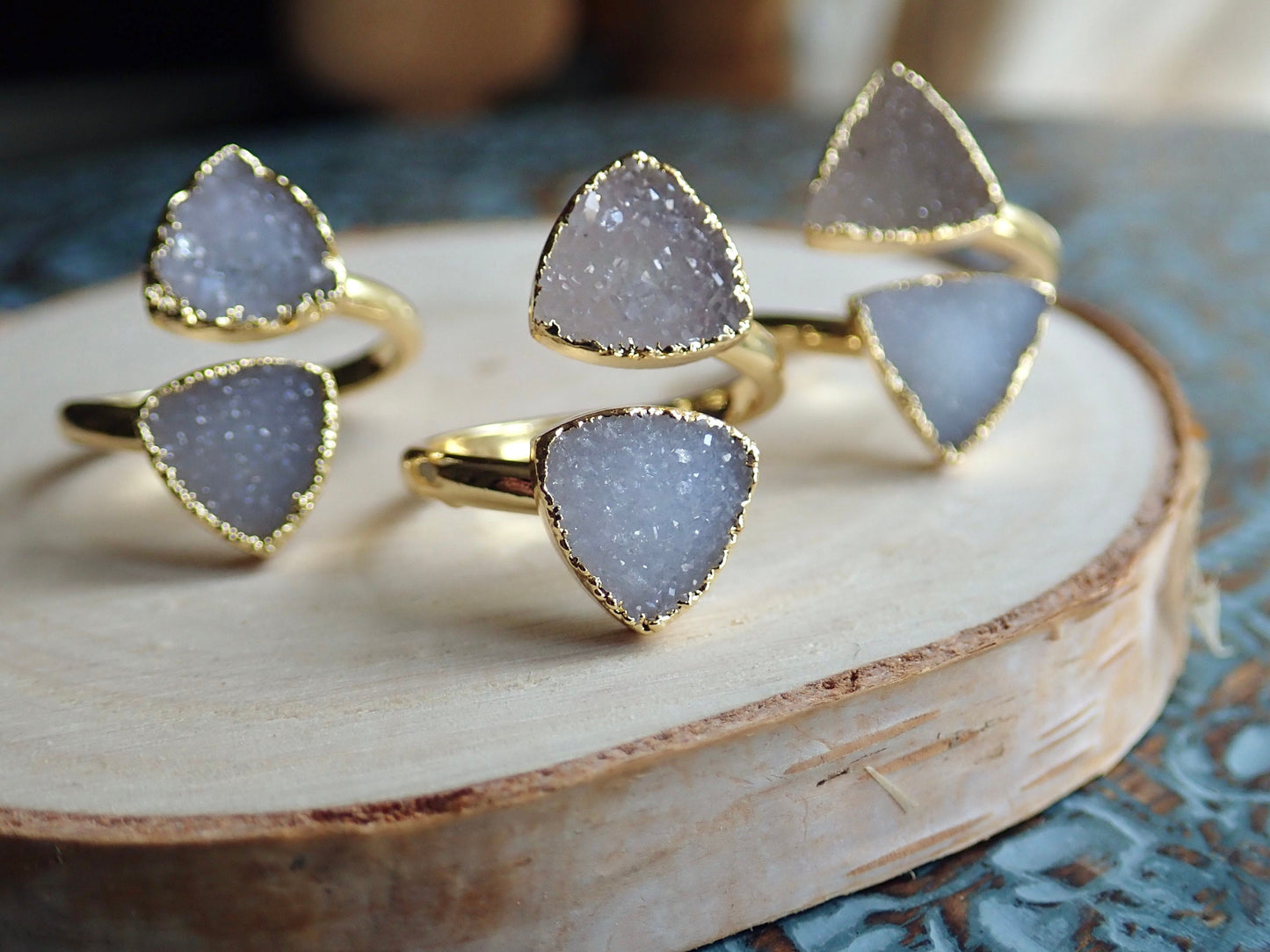 Gold Druzy Geometric Ring, Electroplated Quartz Statement Ring, Blue Purple Gemstone Wrap (Adjustable)