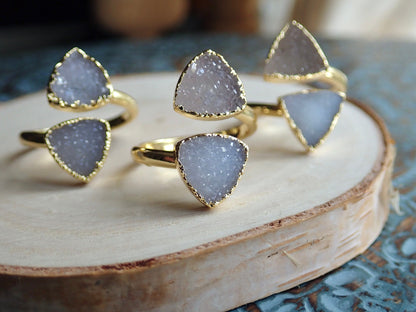 Gold Druzy Geometric Ring, Electroplated Quartz Statement Ring, Blue Purple Gemstone Wrap (Adjustable)