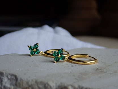 Gold Hoop Earrings with Green Crystal Flower Charms | Dainty Emerald Clover Hoops | Small Gold Dangle Hoops, Gemstone Jewelry Gift for Her