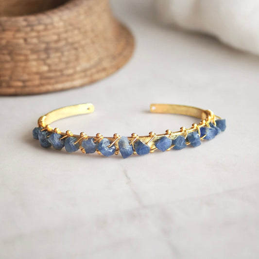 Gold Plated Bangle Bracelet with Raw Sapphires – Wire Wrapped Gemstone Cuff for Women
