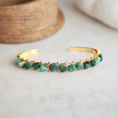 Raw Emerald Cuff Bracelet – 14k Gold Plated with Wire-Wrapped Gemstones