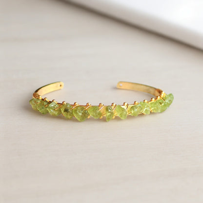 Gold Plated Open Cuff Bracelet with Wire-Wrapped Raw Peridots | August Birthstone Jewelry