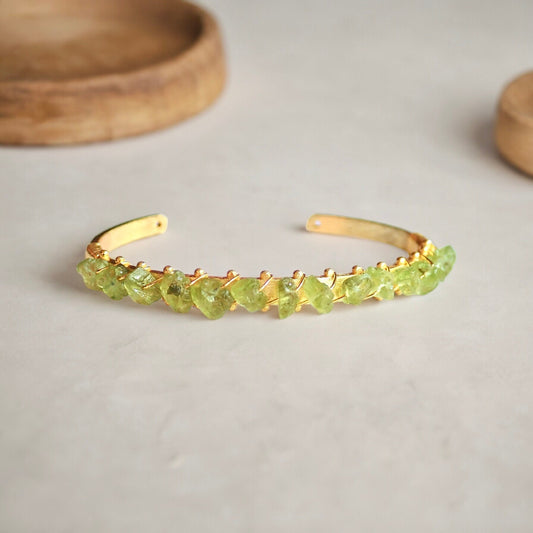 Gold Plated Open Cuff Bracelet with Wire-Wrapped Raw Peridots | August Birthstone Jewelry