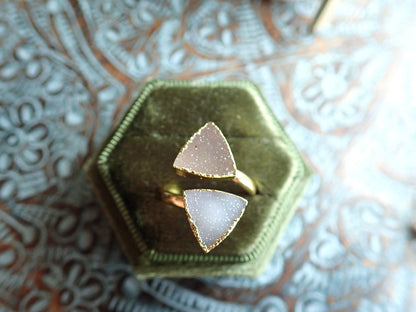 Gold Druzy Geometric Ring, Electroplated Quartz Statement Ring, Blue Purple Gemstone Wrap (Adjustable)