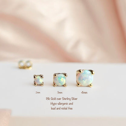 Tiny Genuine Opal Stud Earrings – Prong Set in 18k Gold Vermeil or Sterling Silver, Available in 2mm–4mm Sizes