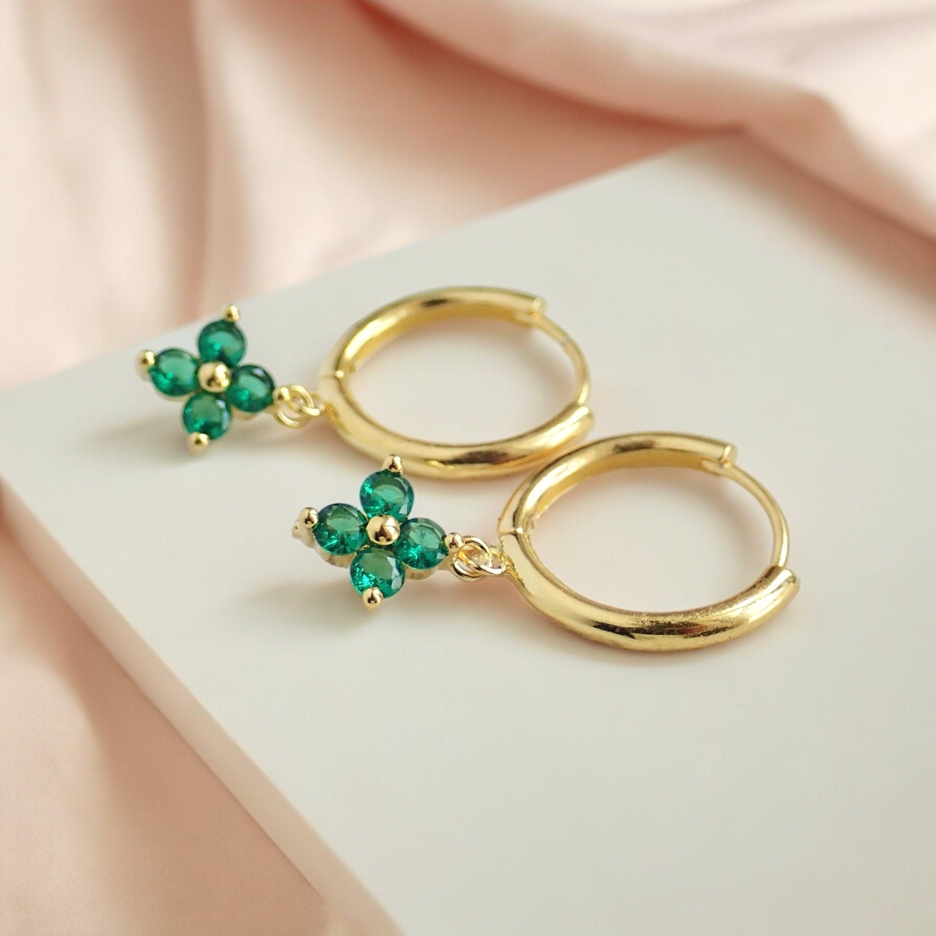 18K Gold Filled Green Crystal Flower Huggie Hoop Earrings For Women & Girls – Silver Hoops