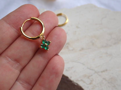 Gold Hoop Earrings with Green Crystal Flower Charms | Dainty Emerald Clover Hoops | Small Gold Dangle Hoops, Gemstone Jewelry Gift for Her